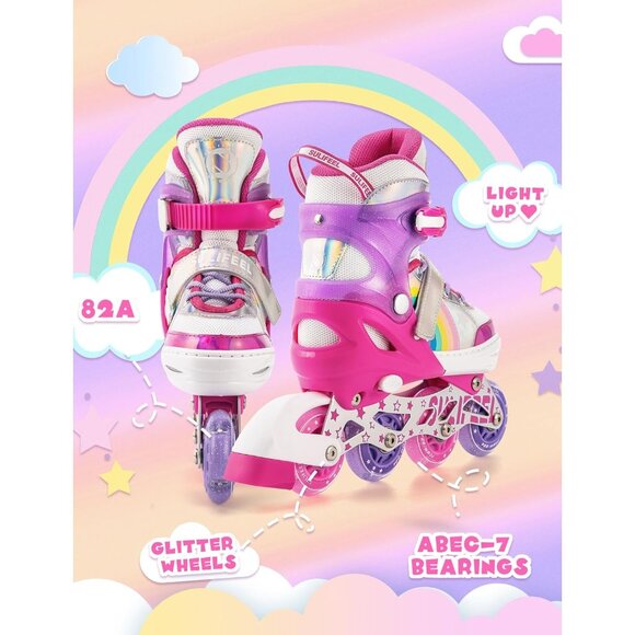 Sulifeel Kids C Pink Rainbow Unicorn Inline Adjustable Light Up Wheels Skates - Picture 7 of 8